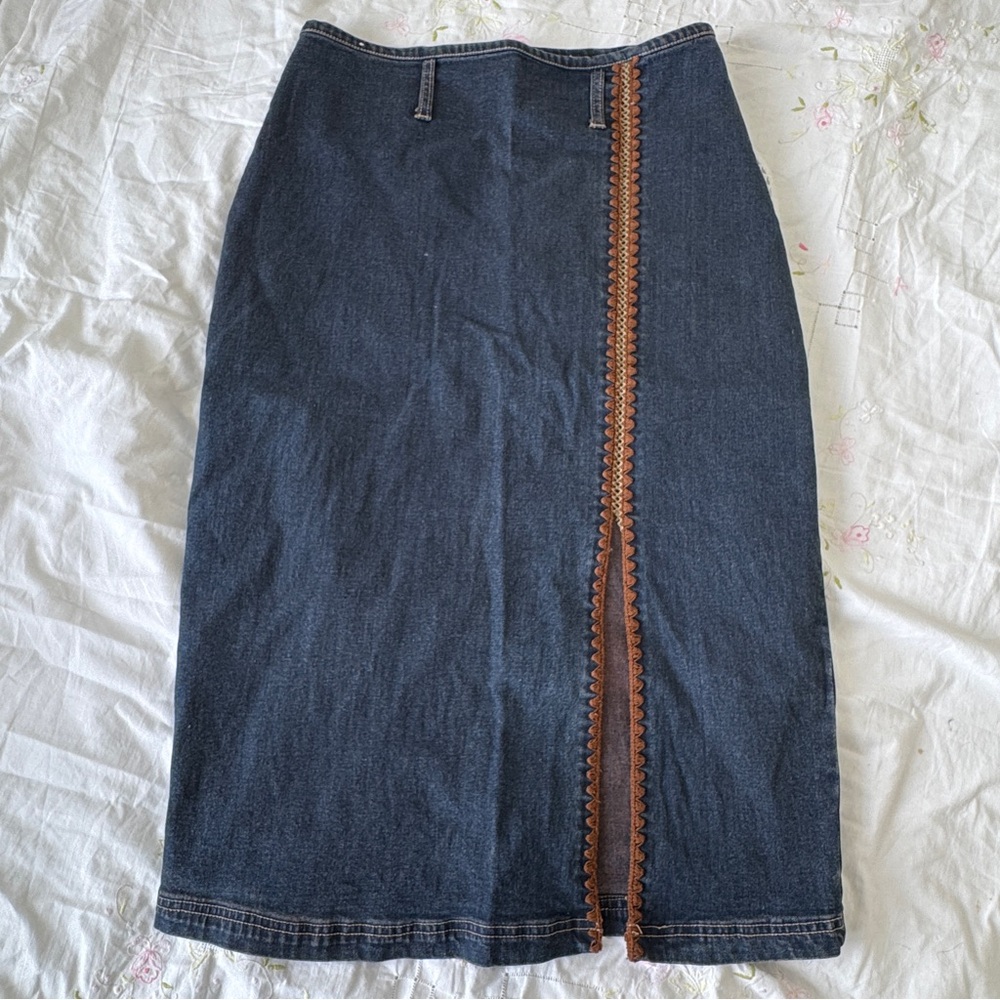 Y2K Denim Midi Skirt with Brown Crochet Trim Detail
